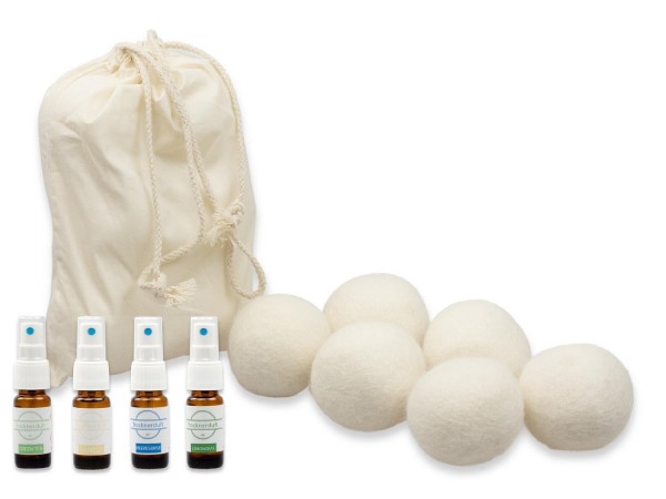 6 Trocknerbälle aus 100% Neuseeland-Wolle inkl. Leinensäckchen & 4 Trocknerdüfte